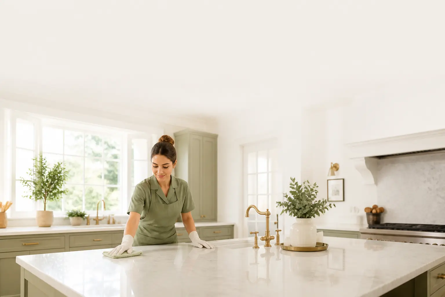 A person wiping a kitchen table